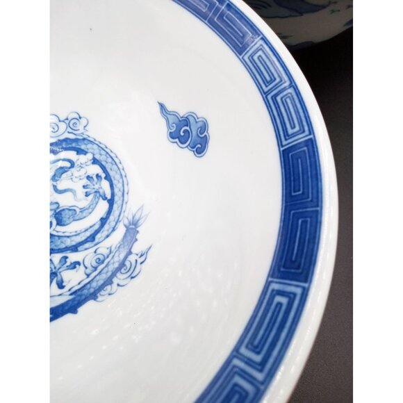 Set of 2 Blue White Porcelain Bowls Dragon and Landscape Design For Ramen 1 Mark - Picture 3 of 16